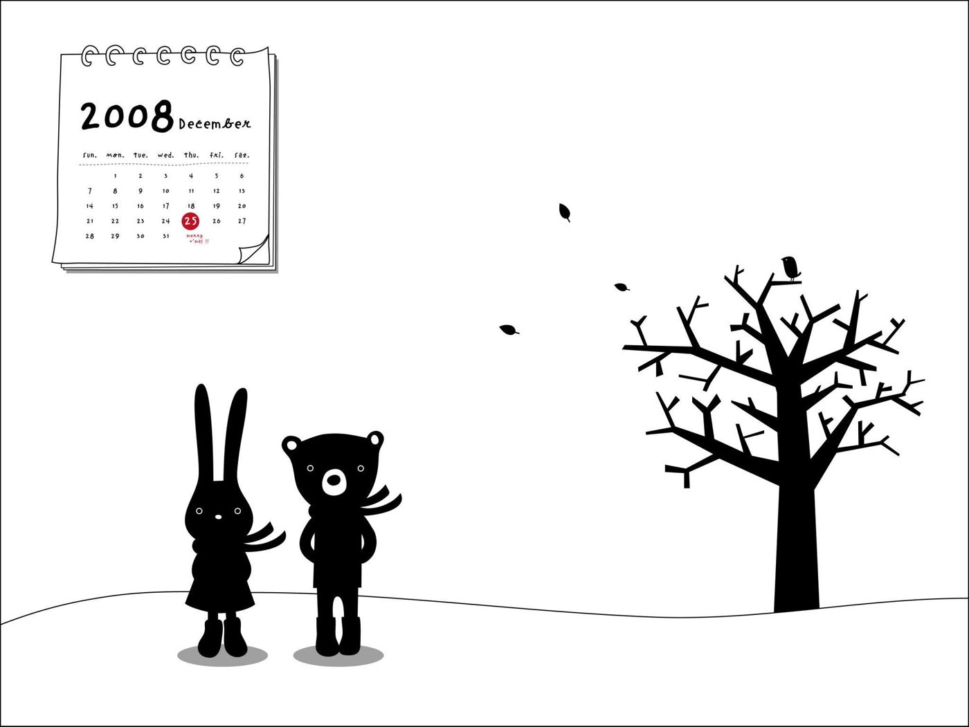 2008 年曆插畫，兔子小熊與枯樹｜月曆插畫