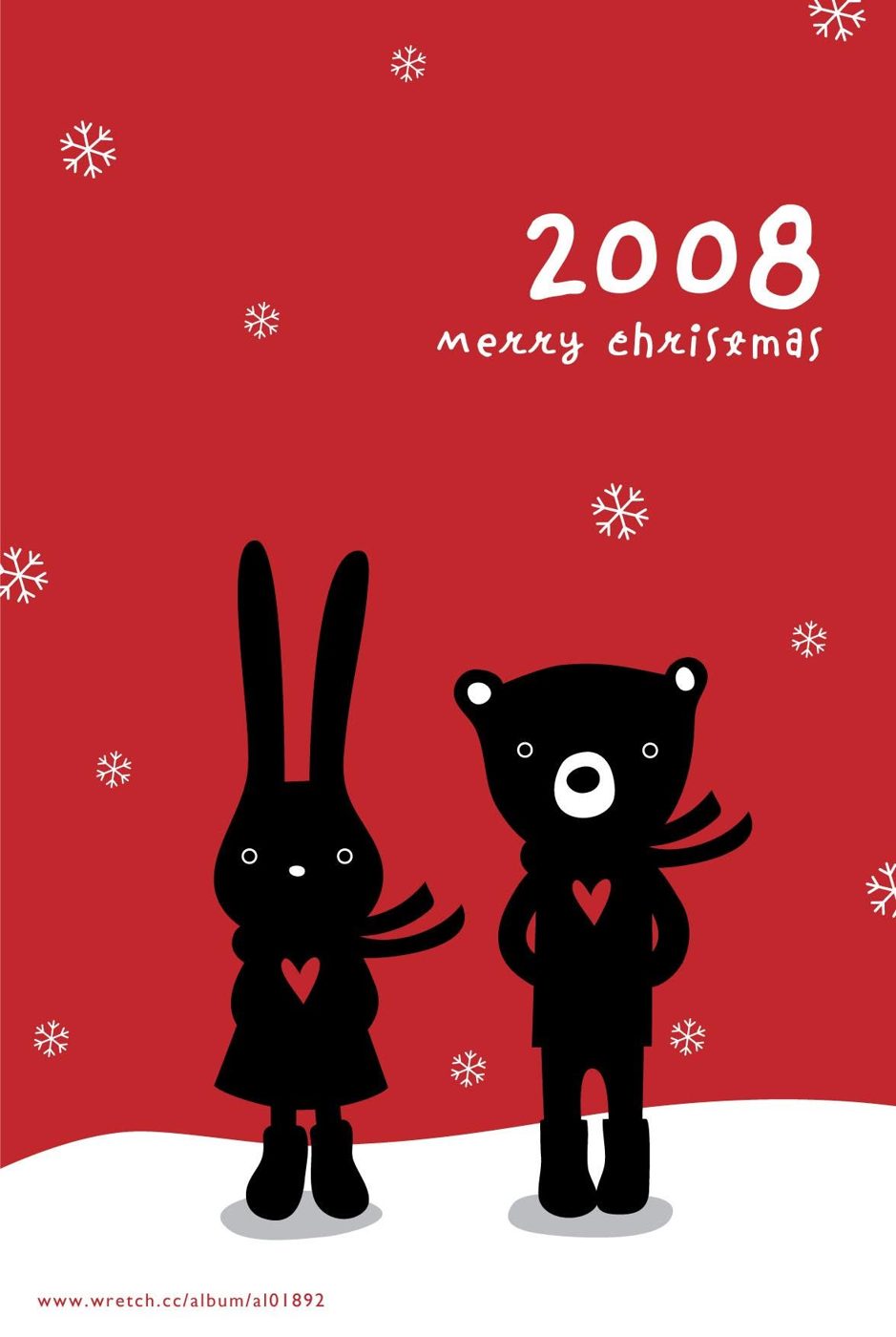 2008 聖誕卡插畫，紅底兔子與小熊剪影｜聖誕卡設計