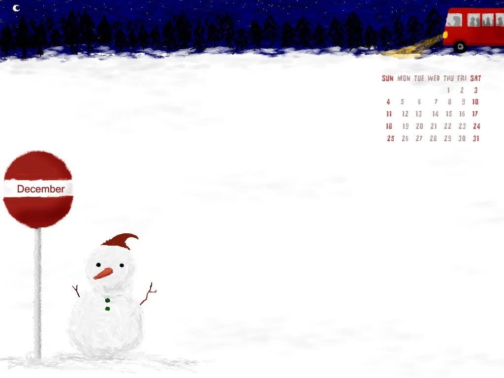 十二月桌布月曆插畫，雪人與紅色站牌｜月曆桌布設計