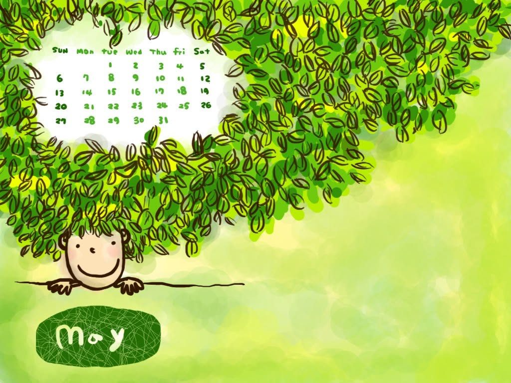 五月桌布月曆插畫，樹葉中的女孩｜月曆桌布設計