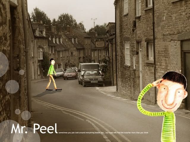 Mr. Peel 瓜皮先生，黑白街景照片與插畫角色合成｜角色設計