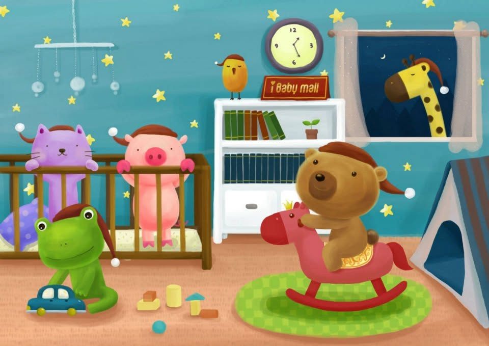 iBaby 愛貝比品牌形象插畫，嬰兒房裡的動物玩偶｜品牌插畫