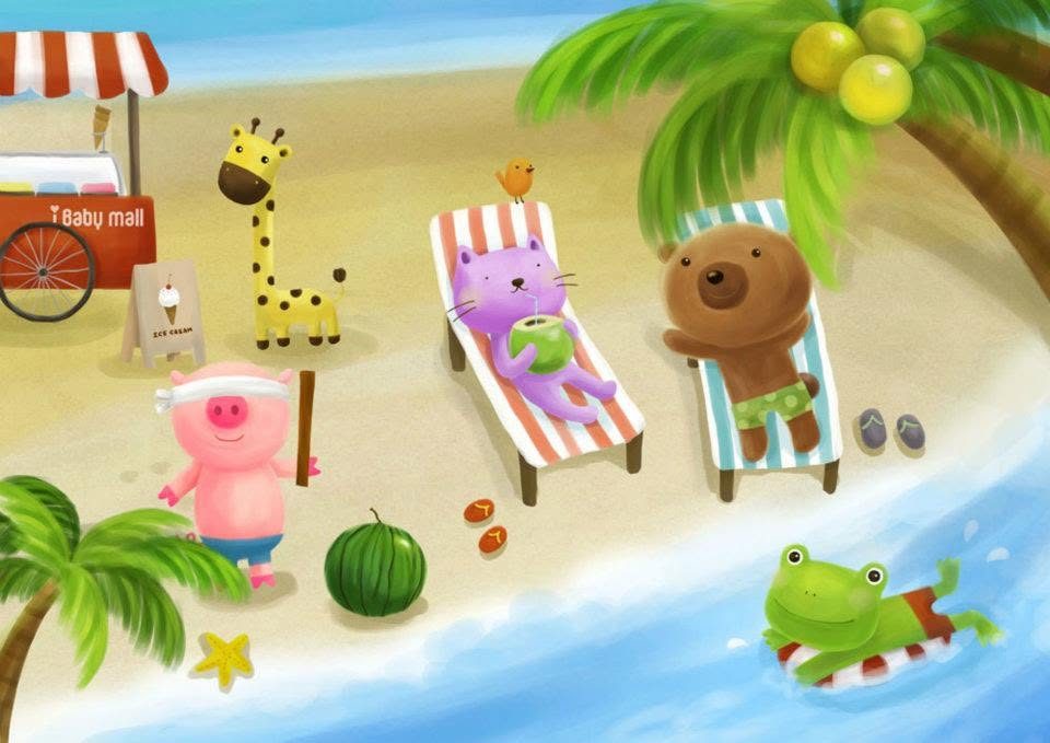 iBaby 愛貝比品牌形象插畫，海邊度假的動物們｜品牌形象插畫