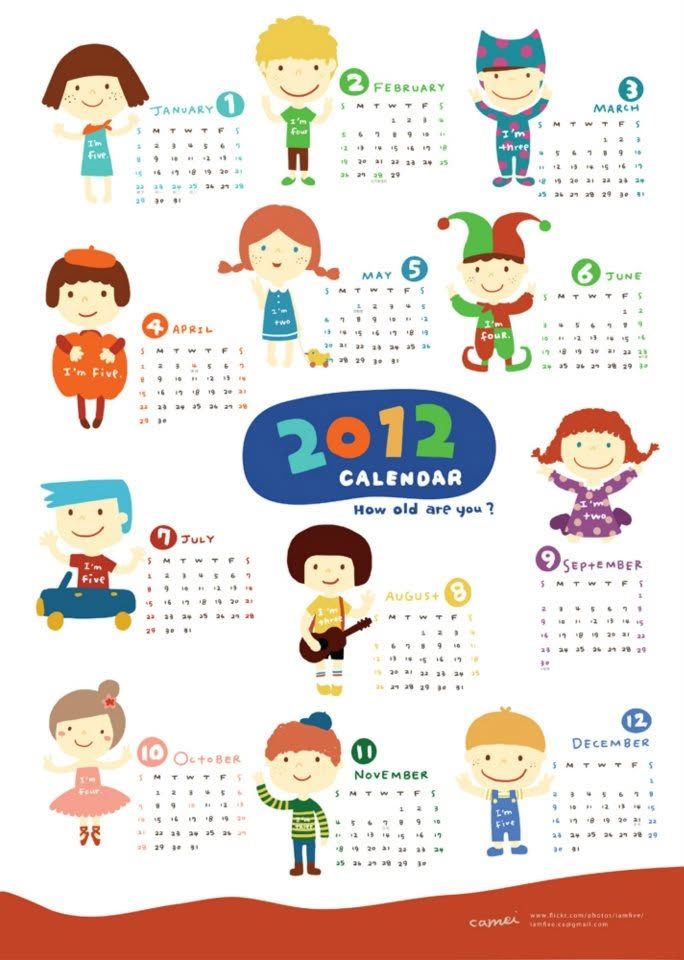 2012 年曆插畫設計，十二個月份的小孩角色｜月曆插畫設計