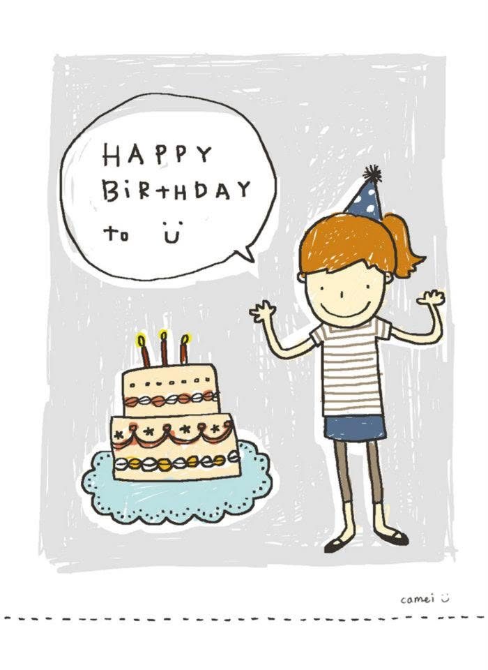 生日快樂插畫，吹蠟燭的女孩與蛋糕｜手繪生日卡