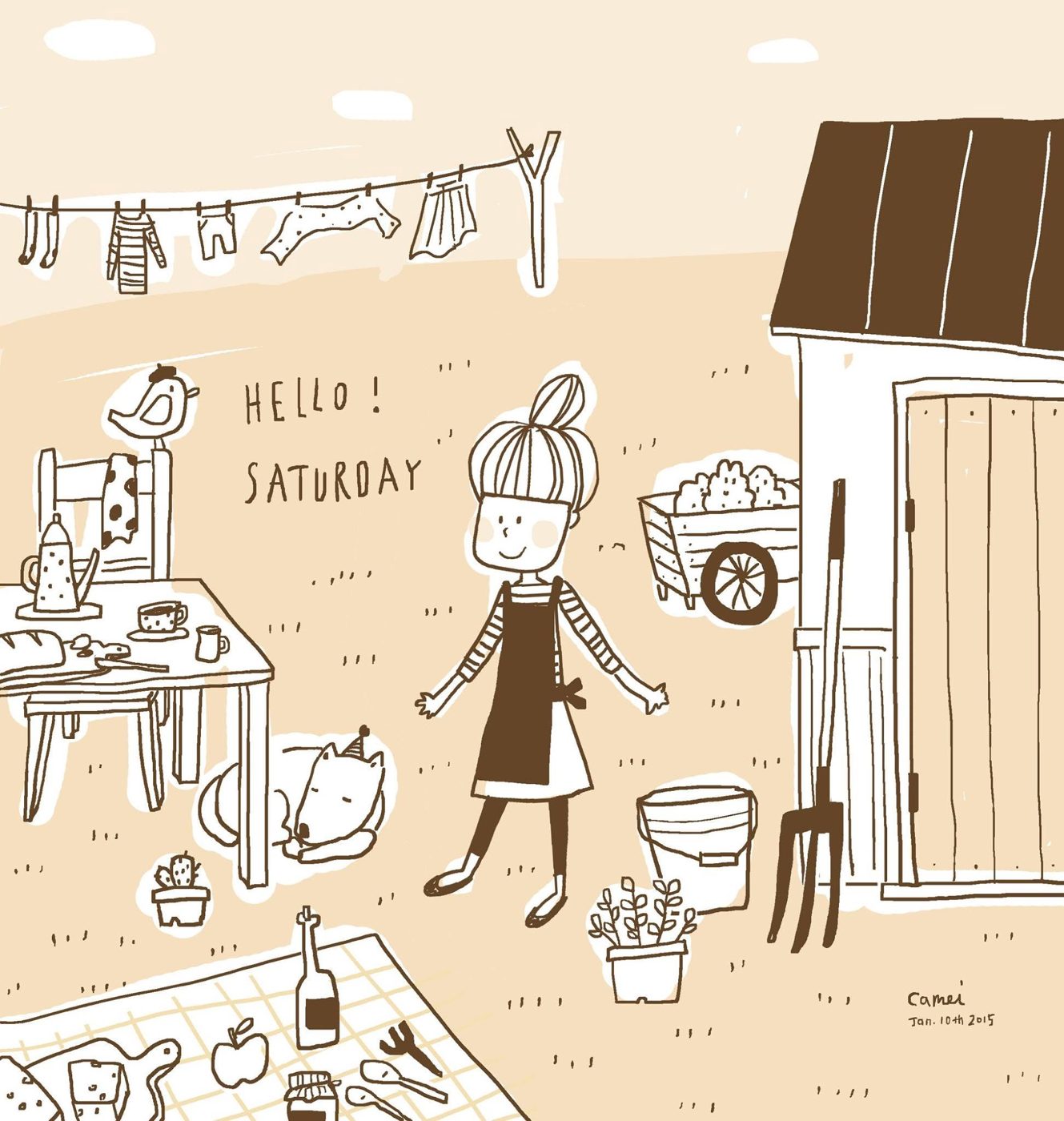 HELLO SATURDAY 線條插畫，廚房裡的女孩與貓｜線稿插畫