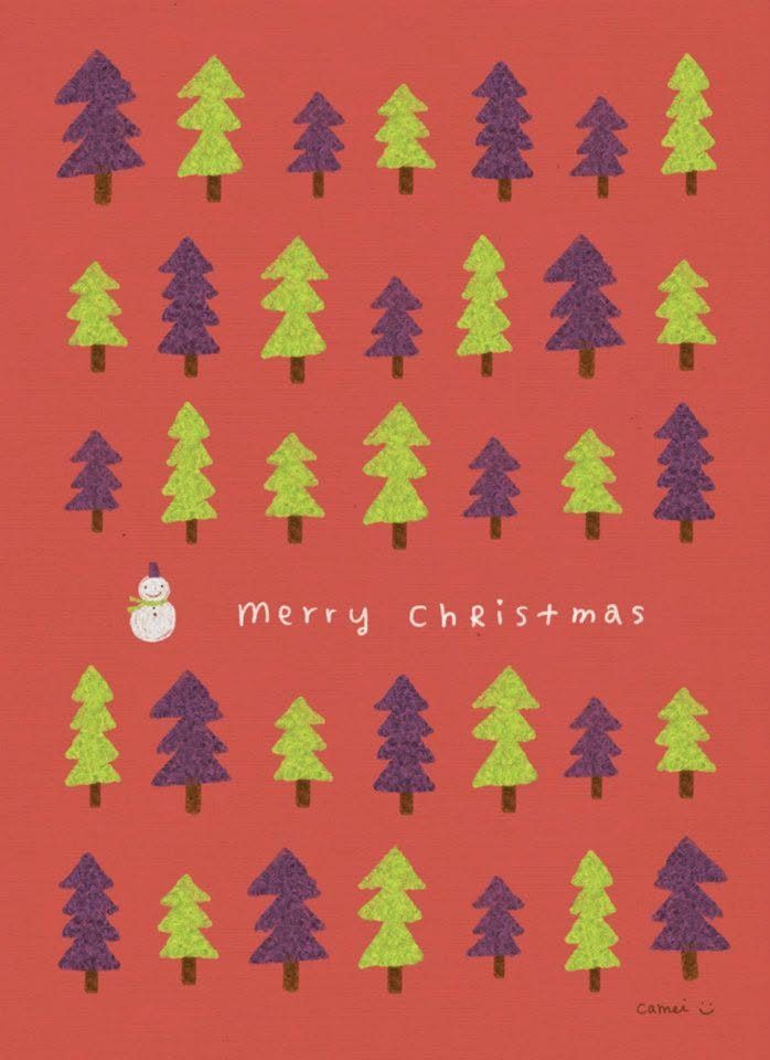 聖誕樹圖樣插畫 Merry Christmas，紅底彩色小樹｜聖誕節插畫